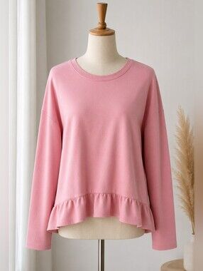 Relaxed Ruffle-Hem Long Sleeve Top - Pink